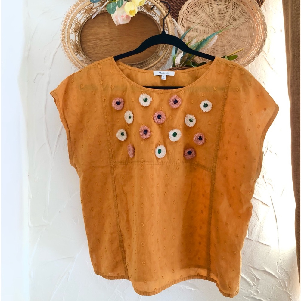 Madewell Embroidered Sunflower Top golden floral Swiss dot cotton top LARGE